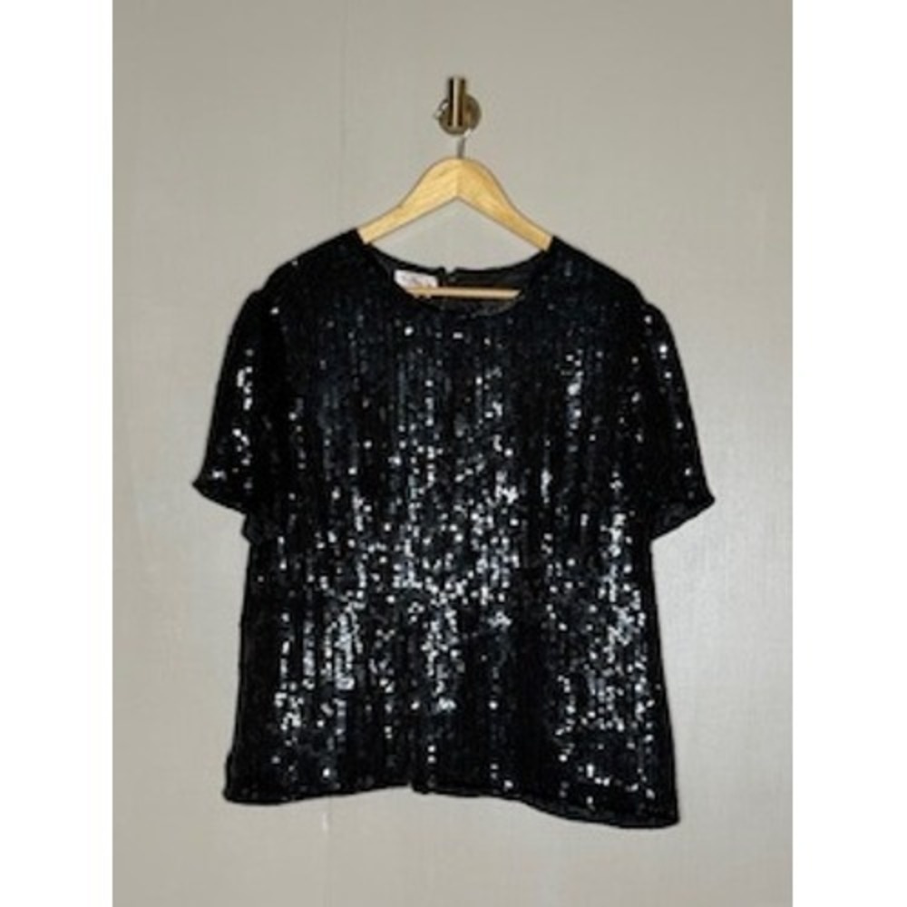 Talbots Black Sequin Top Womens XL‎ Short Sleeve Cocktail Party Blouse